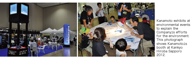 Kanamoto exhibits at environmental events to explain the Company’s efforts for the environment. This photograph shows Kanamoto’s booth at Kankyo Hiroba Sapporo 2012. 